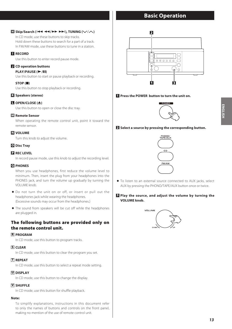 Basic operation | Teac CD recorder with turntable/cassette player LP-R550USB User Manual | Page 13 / 100