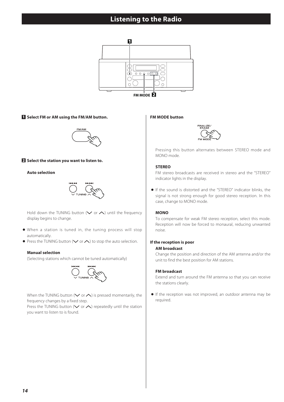 Listening to the radio | Teac CD recorder with turntable/cassette player LP-R550USB User Manual | Page 14 / 100