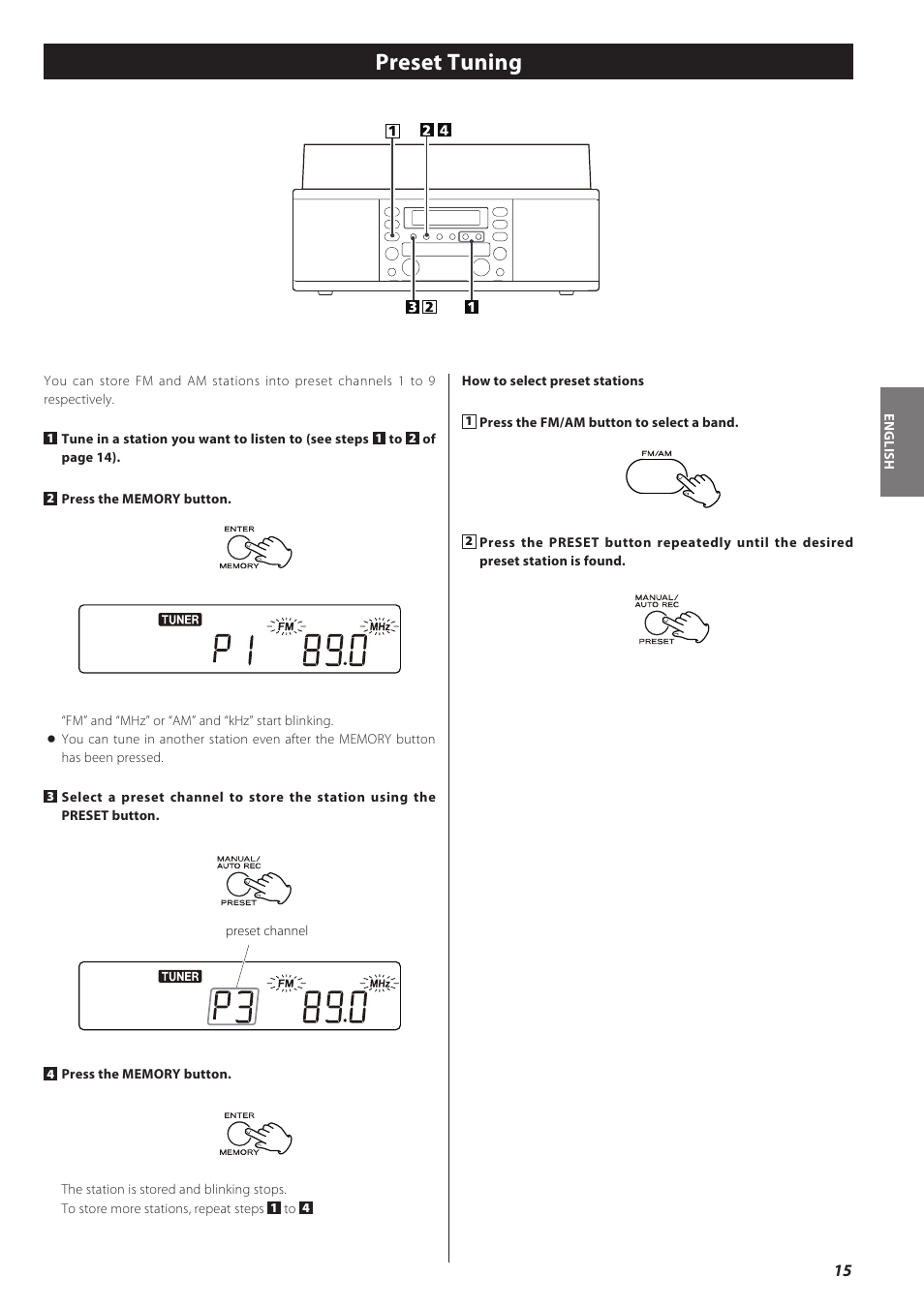 Preset tuning | Teac CD recorder with turntable/cassette player LP-R550USB User Manual | Page 15 / 100