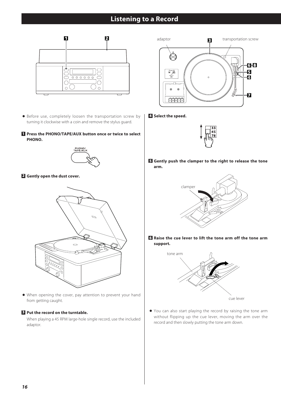 Listening to a record | Teac CD recorder with turntable/cassette player LP-R550USB User Manual | Page 16 / 100