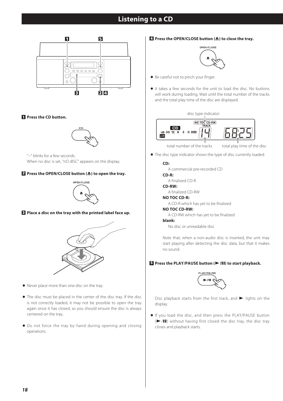 Listening to a cd | Teac CD recorder with turntable/cassette player LP-R550USB User Manual | Page 18 / 100