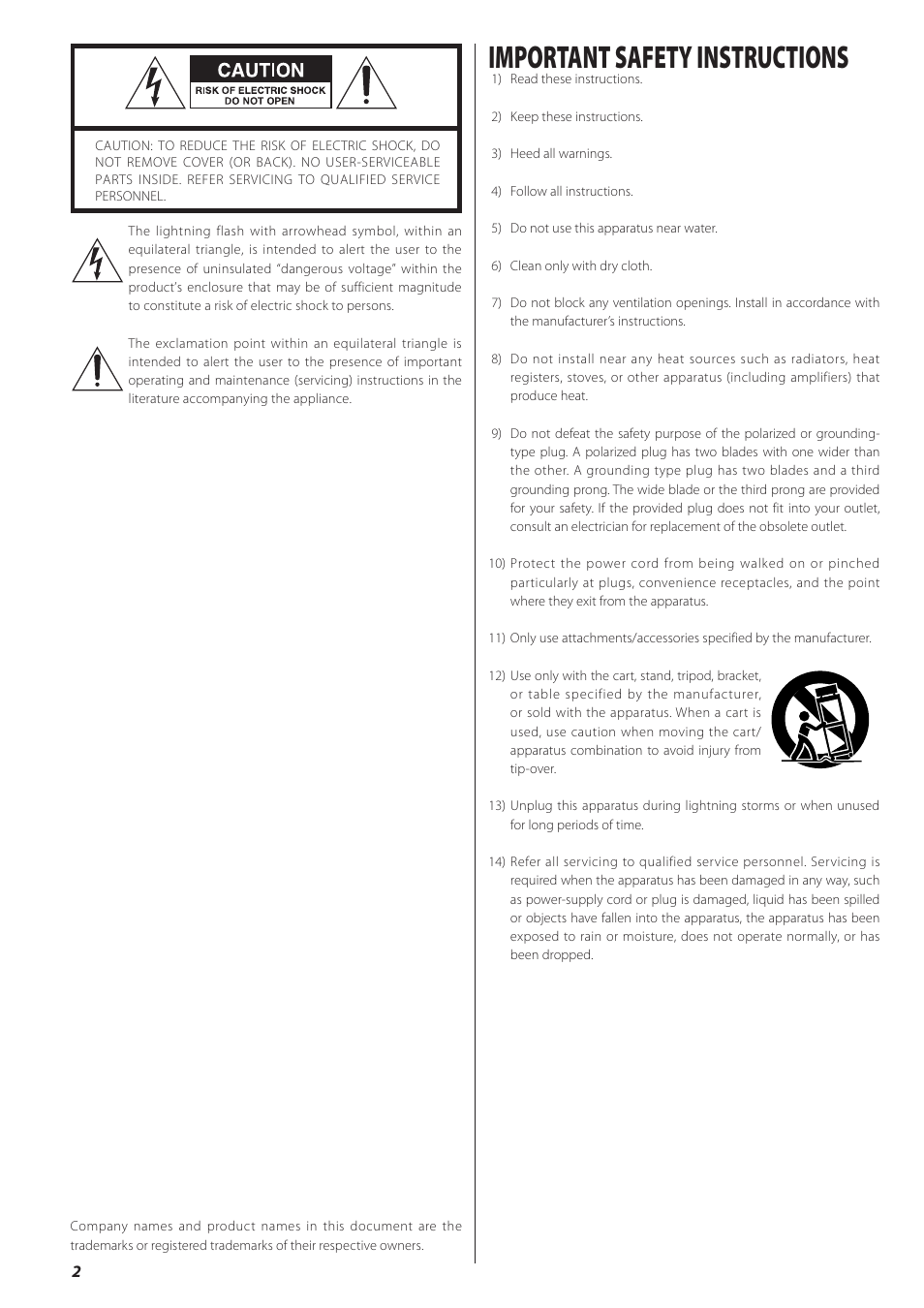 Important safety instructions | Teac CD recorder with turntable/cassette player LP-R550USB User Manual | Page 2 / 100