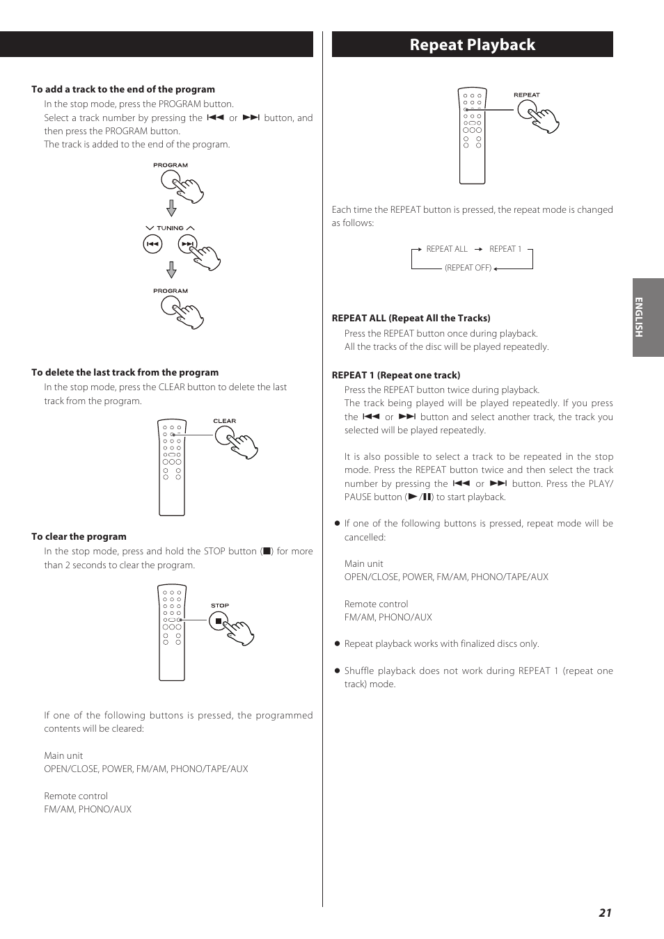 Repeat playback | Teac CD recorder with turntable/cassette player LP-R550USB User Manual | Page 21 / 100