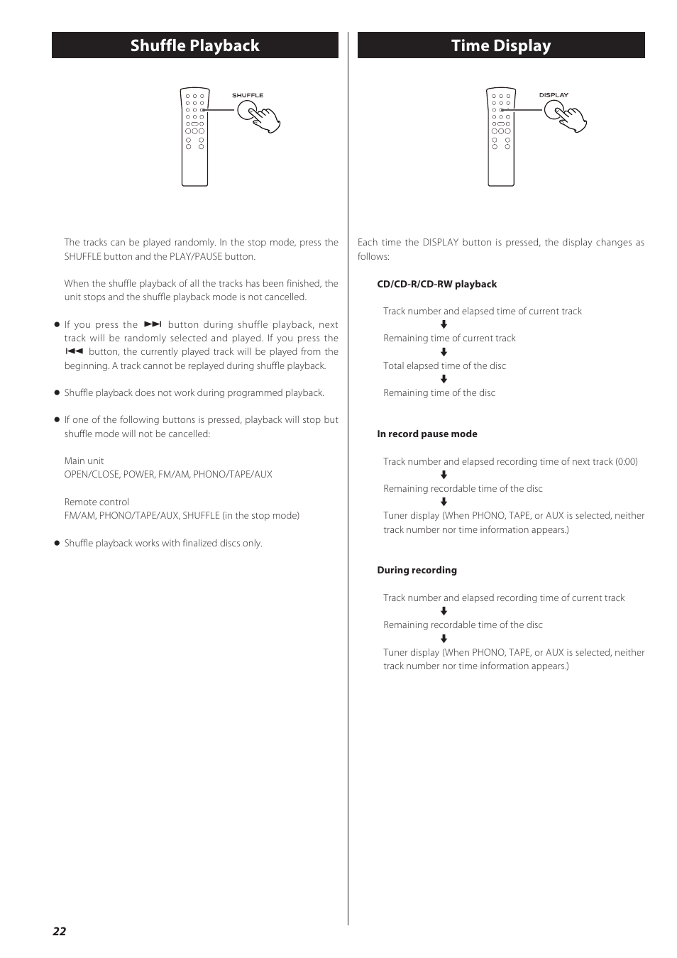 Shuffle playback, Time display, Time display shuffle playback | Teac CD recorder with turntable/cassette player LP-R550USB User Manual | Page 22 / 100