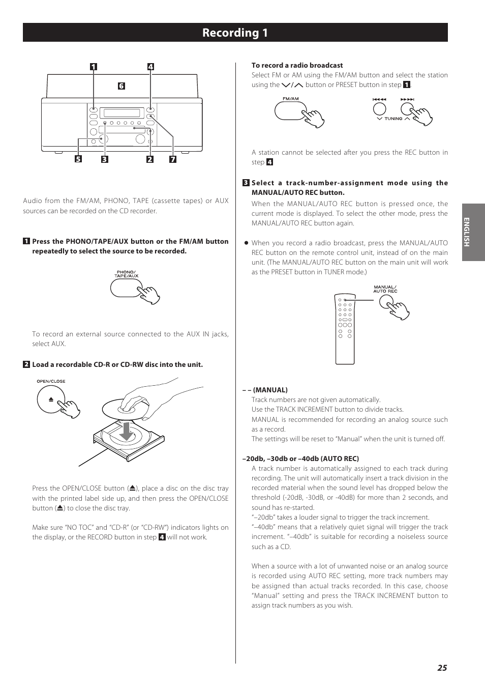 Recording 1 | Teac CD recorder with turntable/cassette player LP-R550USB User Manual | Page 25 / 100