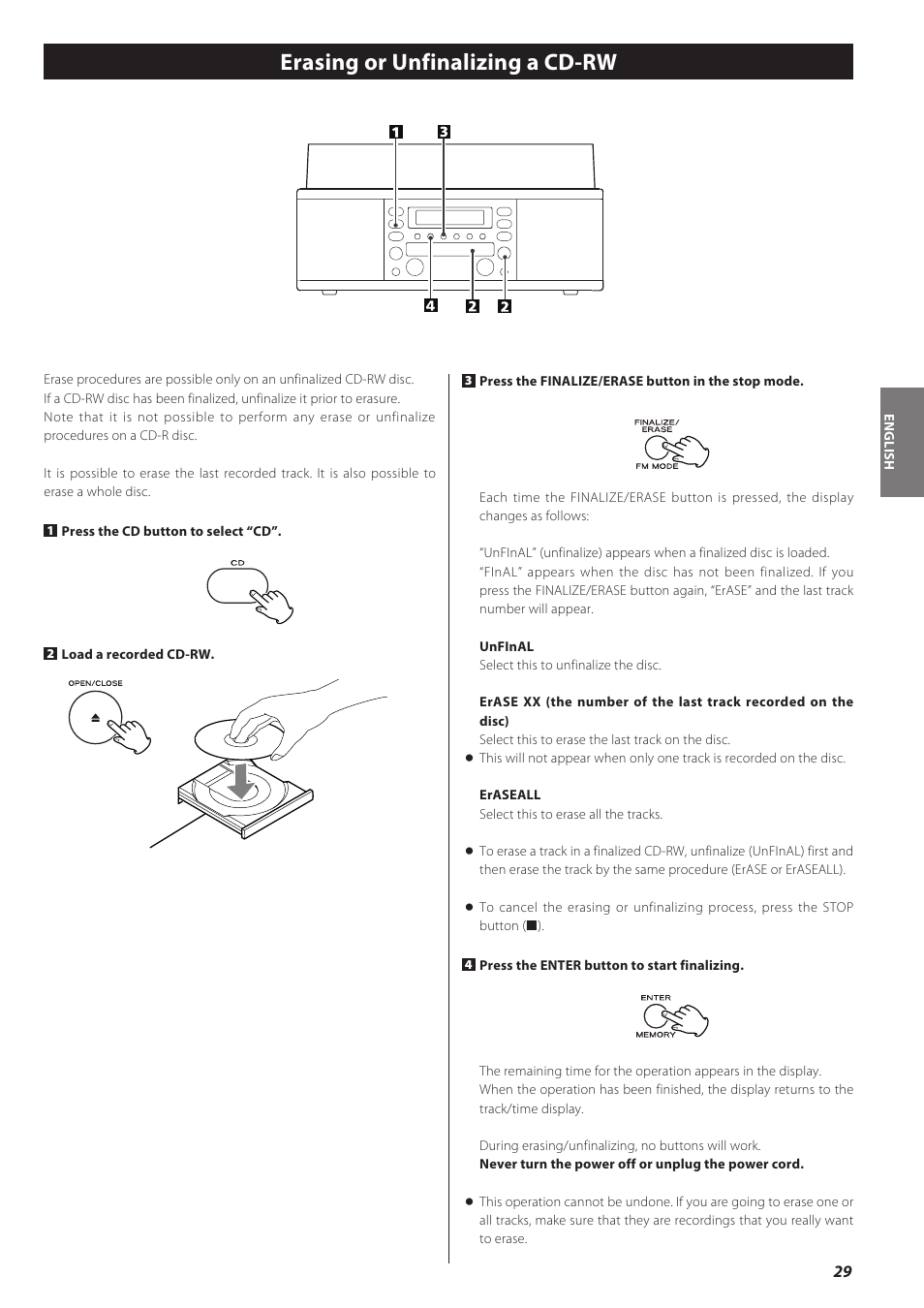 Erasing or unfinalizing a cd-rw | Teac CD recorder with turntable/cassette player LP-R550USB User Manual | Page 29 / 100