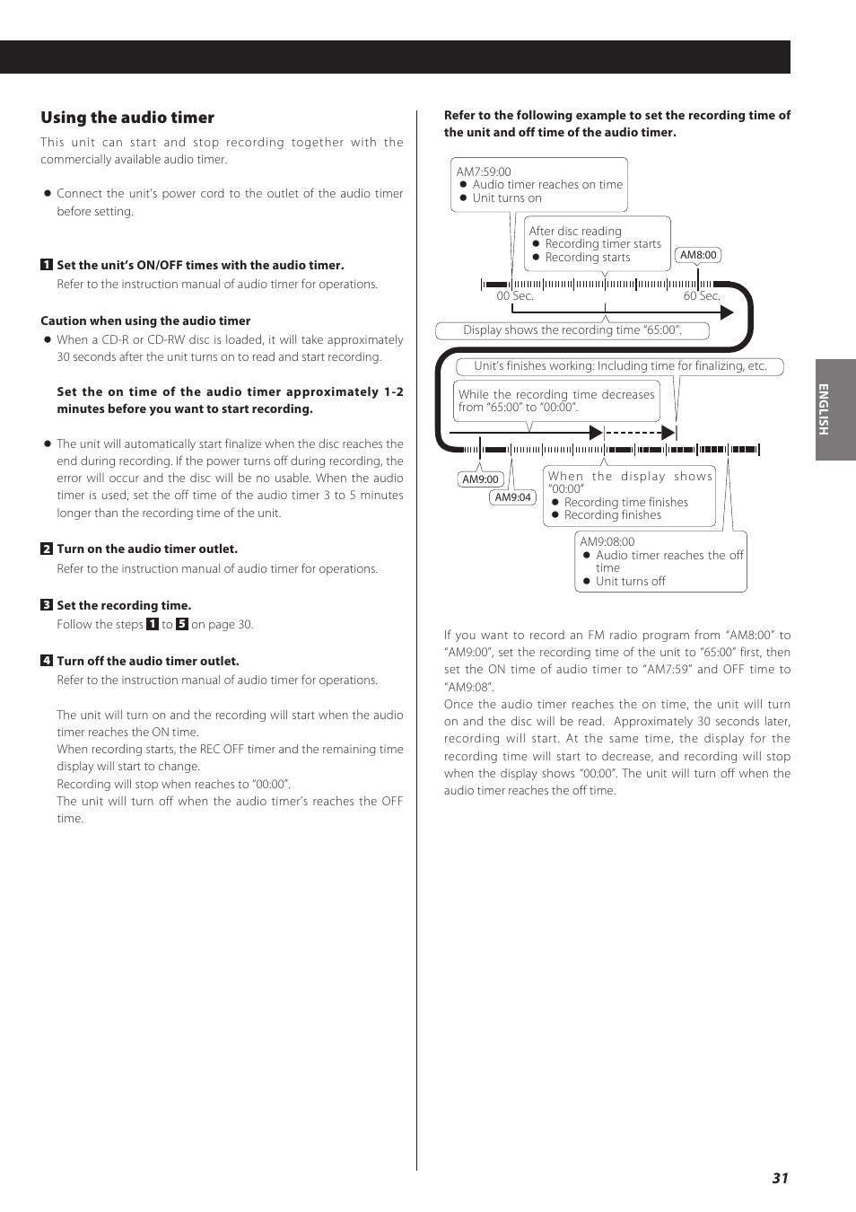 Using the audio timer | Teac CD recorder with turntable/cassette player LP-R550USB User Manual | Page 31 / 100