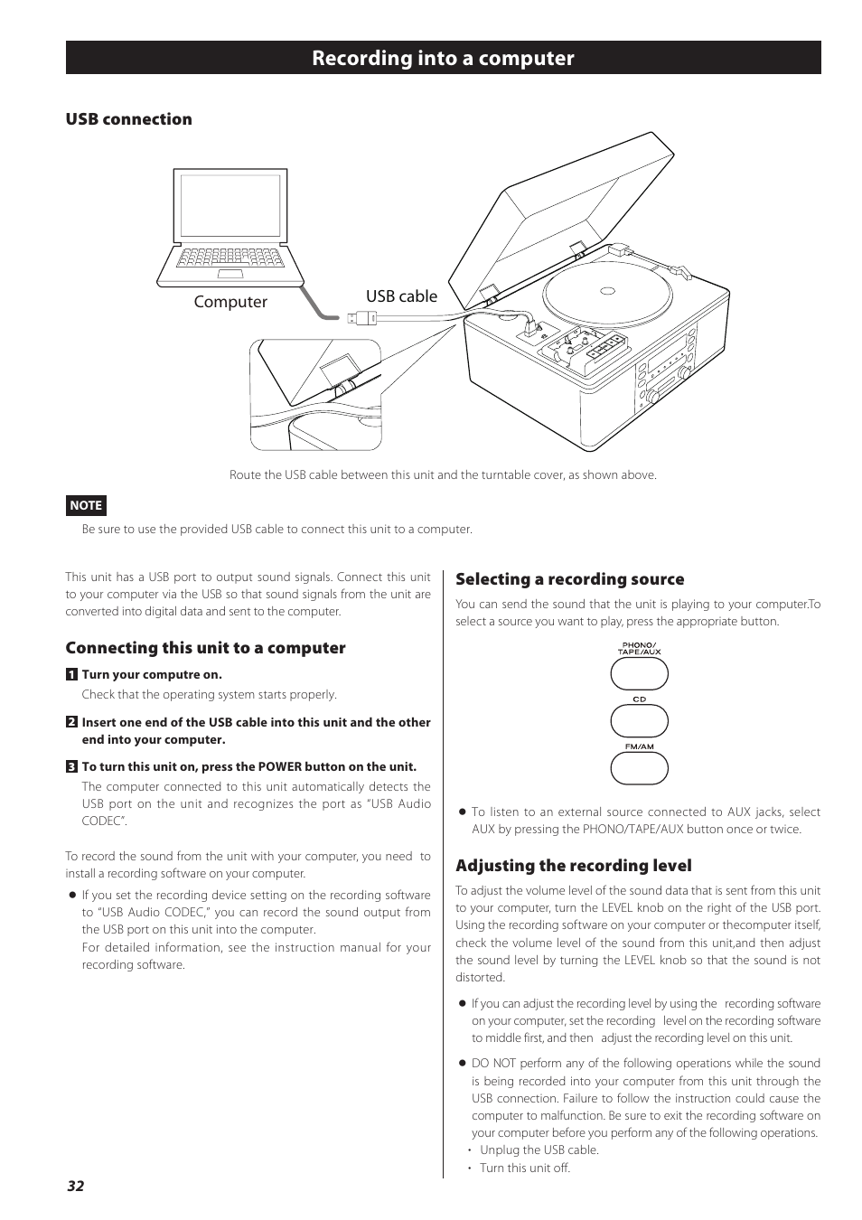 Recording into a computer, Connecting this unit to a computer, Selecting a recording source | Adjusting the recording level, Usb connection usb cable computer | Teac CD recorder with turntable/cassette player LP-R550USB User Manual | Page 32 / 100