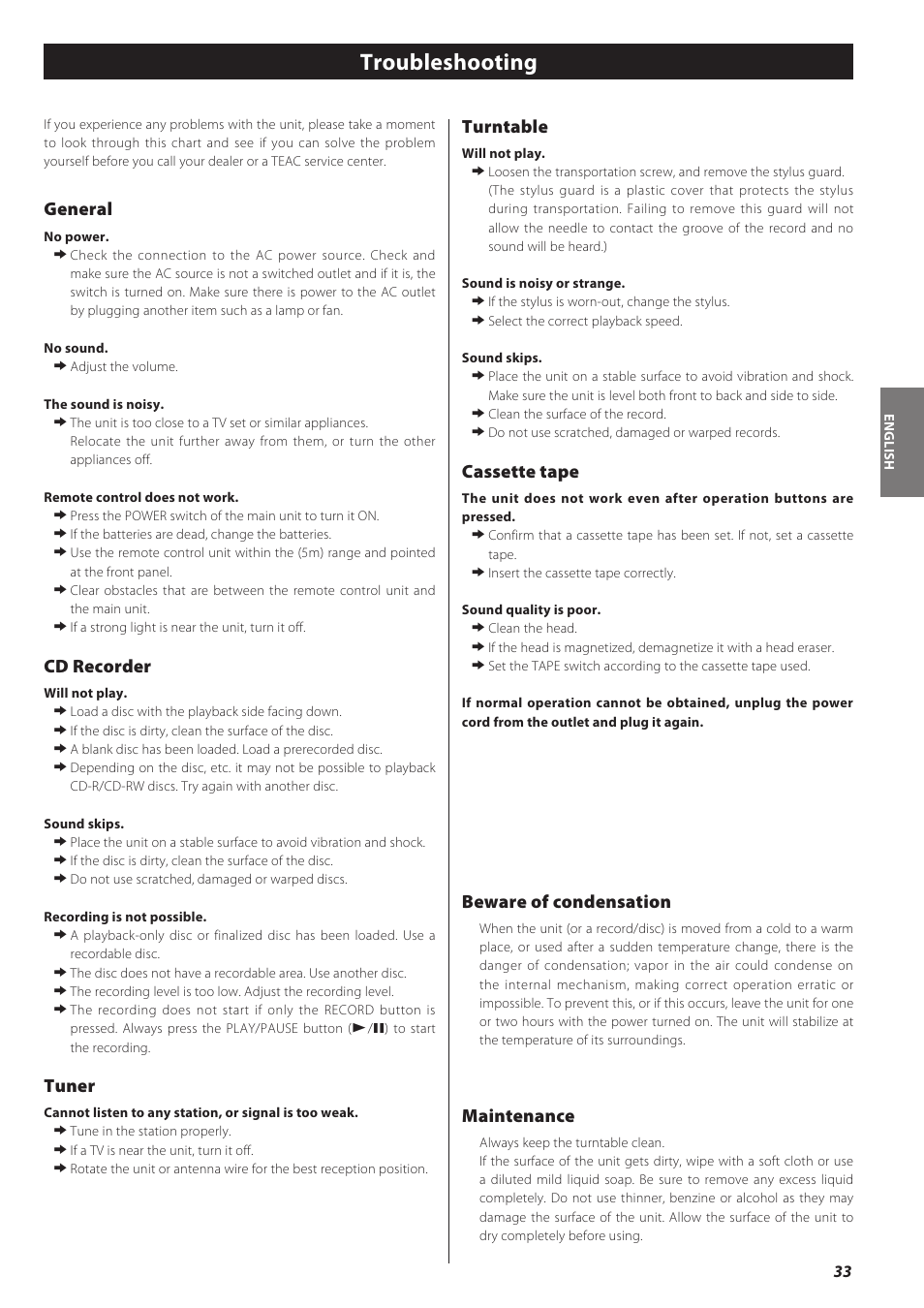Troubleshooting, General, Cd recorder | Tuner, Turntable, Cassette tape, Beware of condensation, Maintenance | Teac CD recorder with turntable/cassette player LP-R550USB User Manual | Page 33 / 100