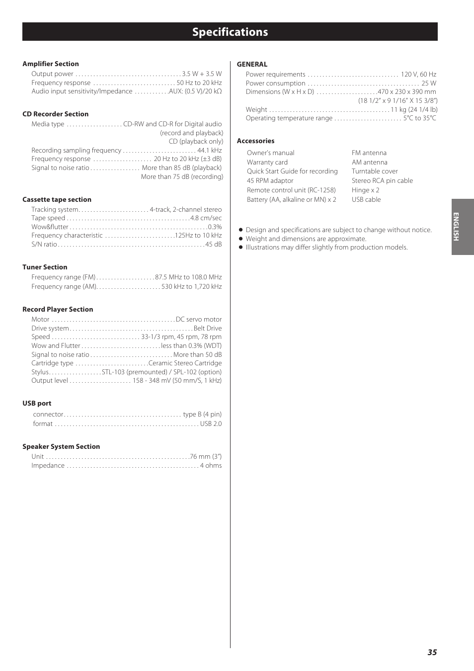 Specifications | Teac CD recorder with turntable/cassette player LP-R550USB User Manual | Page 35 / 100