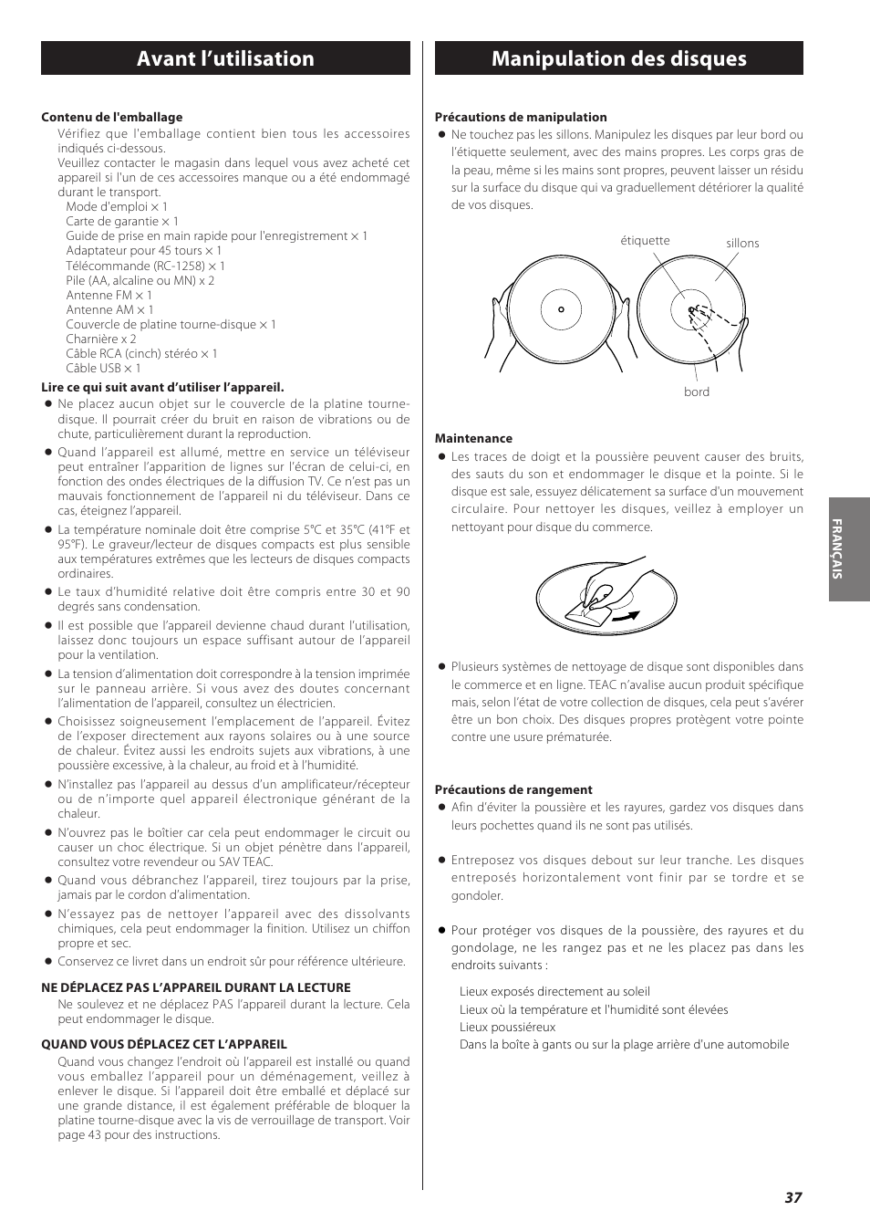 Avant l’utilisation, Manipulation des disques | Teac CD recorder with turntable/cassette player LP-R550USB User Manual | Page 37 / 100