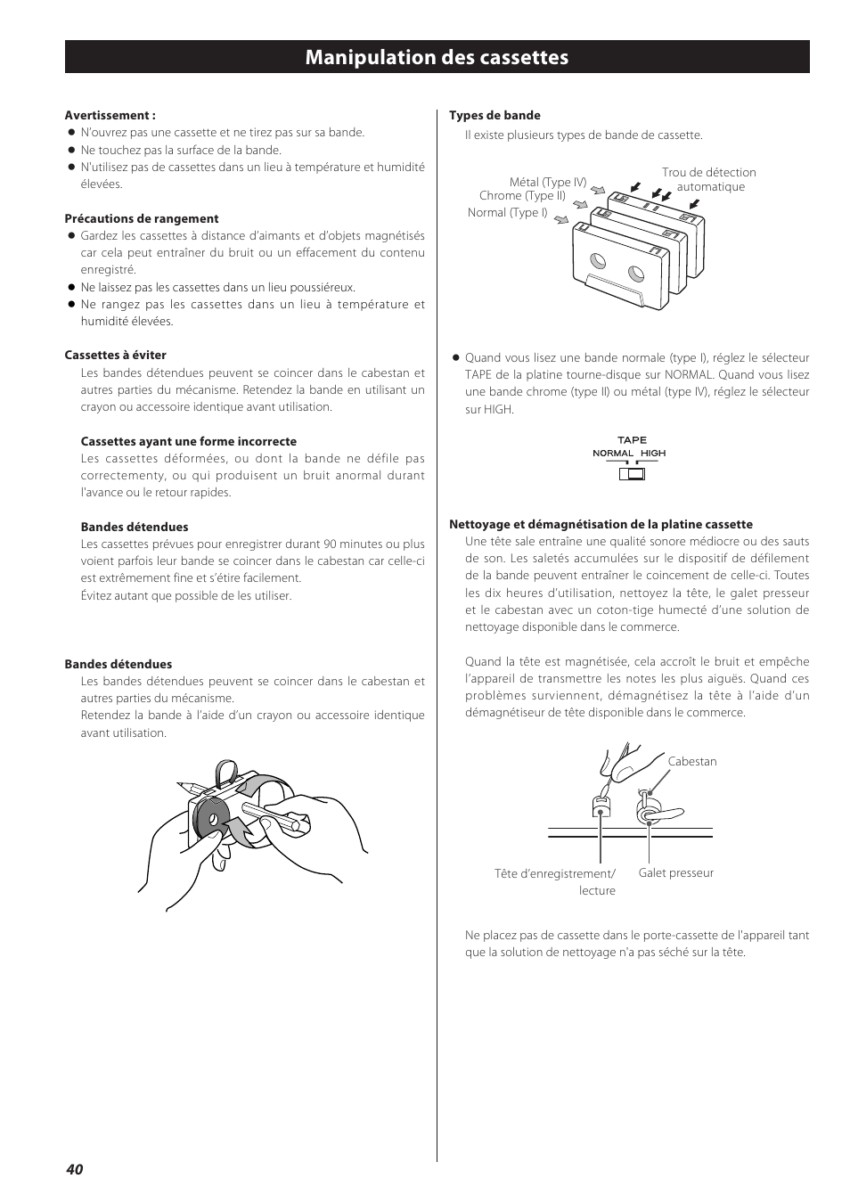 Manipulation des cassettes | Teac CD recorder with turntable/cassette player LP-R550USB User Manual | Page 40 / 100