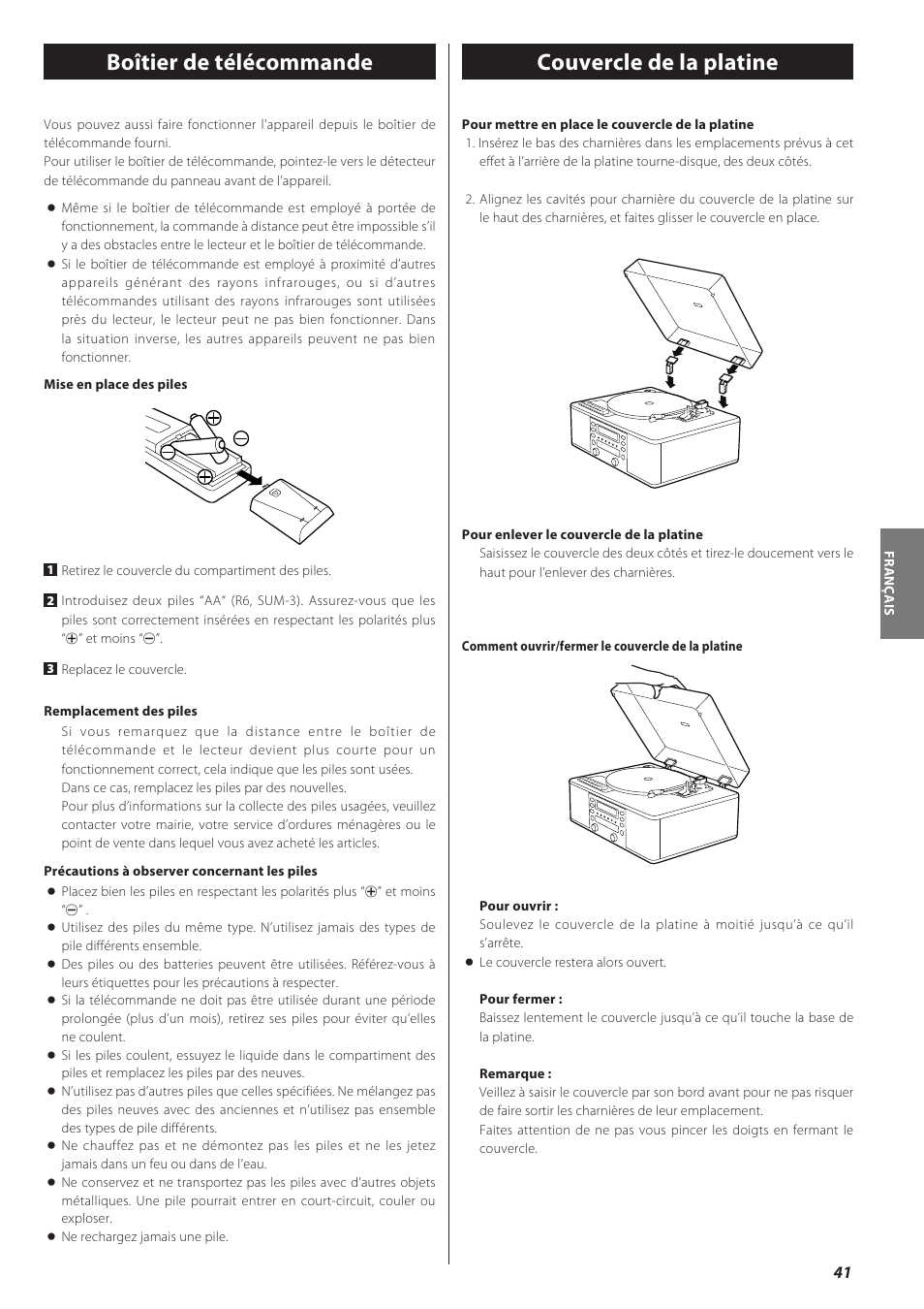 Boîtier de télécommande, Couvercle de la platine | Teac CD recorder with turntable/cassette player LP-R550USB User Manual | Page 41 / 100