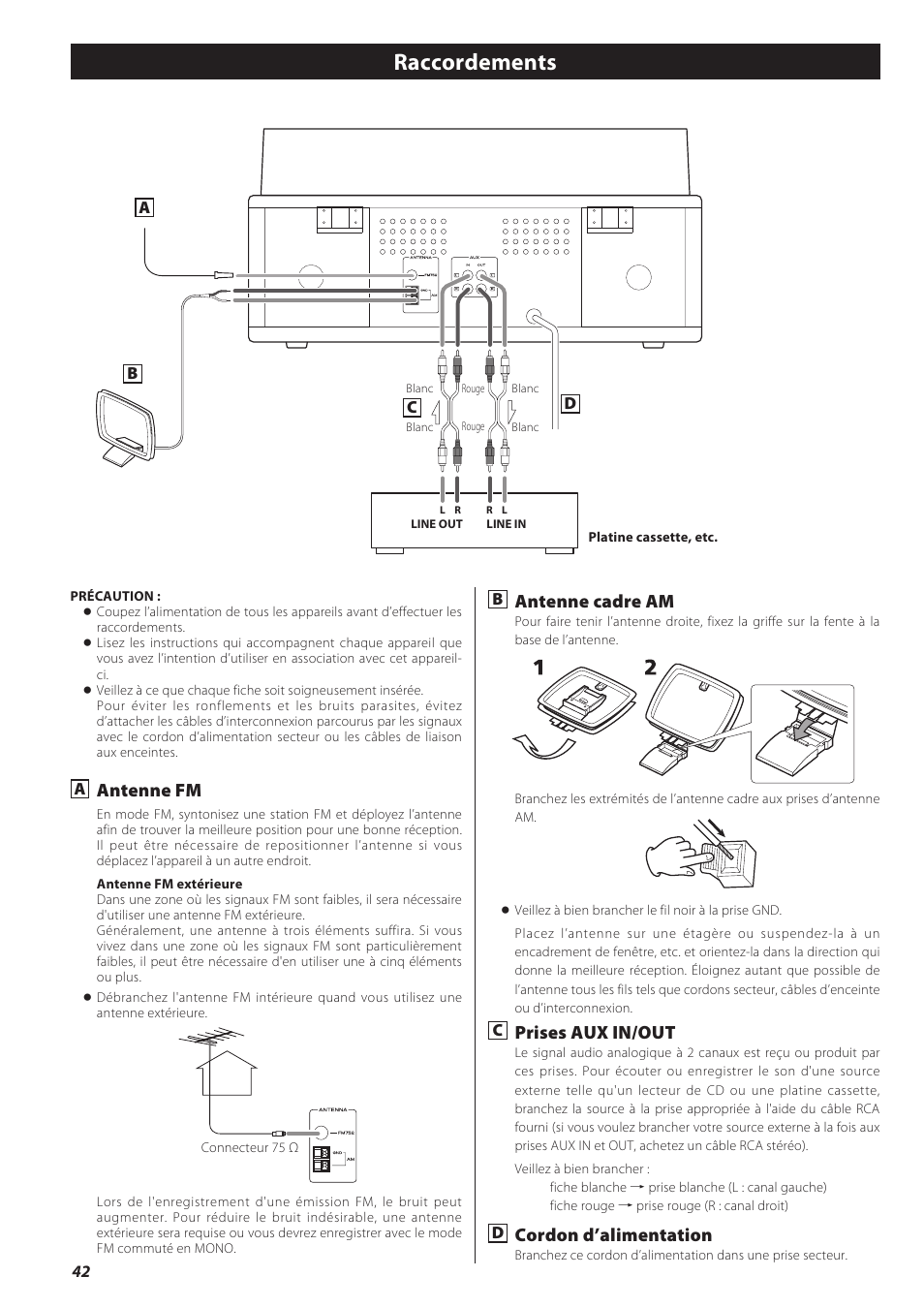 Raccordements, Antenne fm, Antenne cadre am | Prises aux in/out, Cordon d’alimentation | Teac CD recorder with turntable/cassette player LP-R550USB User Manual | Page 42 / 100