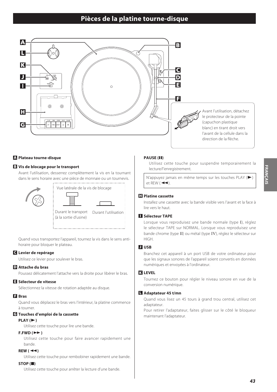 Pièces de la platine tourne-disque, Jl k | Teac CD recorder with turntable/cassette player LP-R550USB User Manual | Page 43 / 100