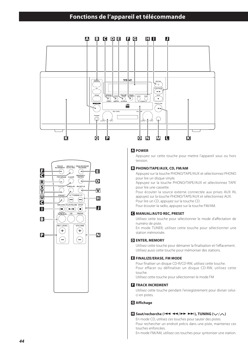 Fonctions de l’appareil et télécommande | Teac CD recorder with turntable/cassette player LP-R550USB User Manual | Page 44 / 100