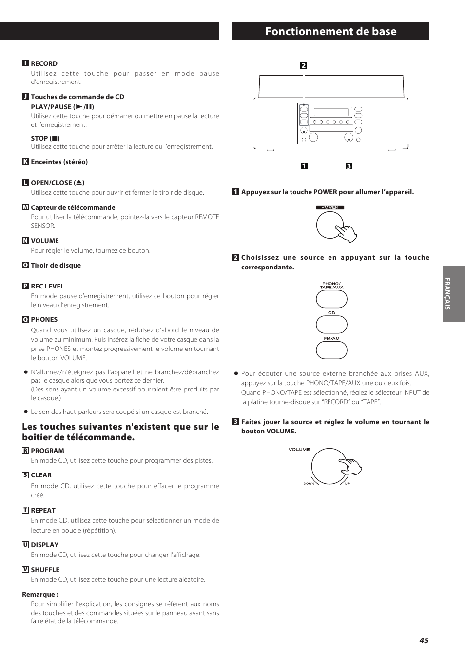 Fonctionnement de base | Teac CD recorder with turntable/cassette player LP-R550USB User Manual | Page 45 / 100