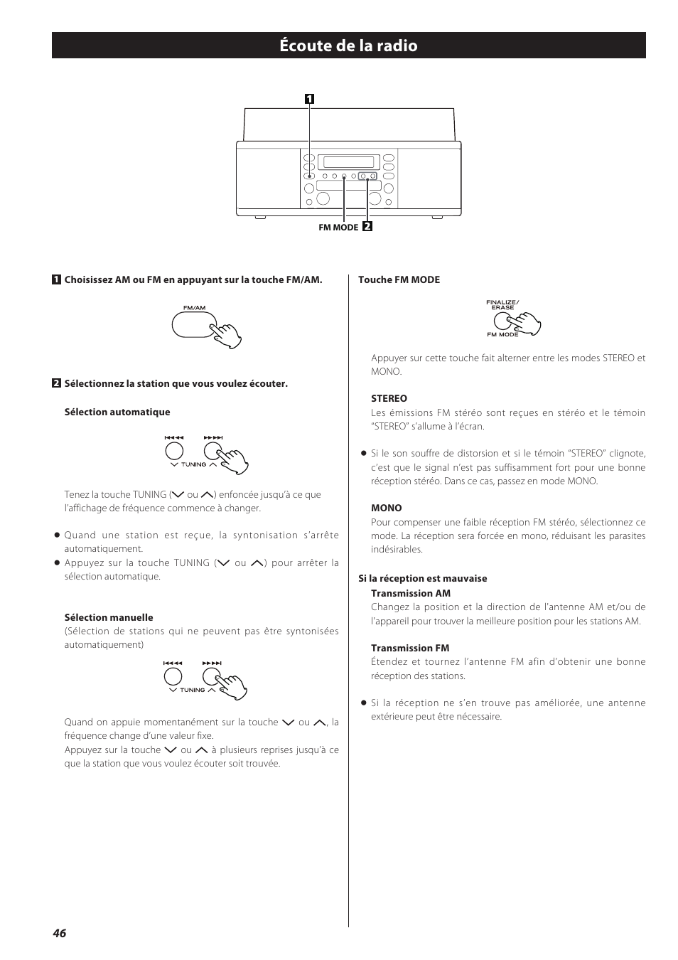 Écoute de la radio | Teac CD recorder with turntable/cassette player LP-R550USB User Manual | Page 46 / 100