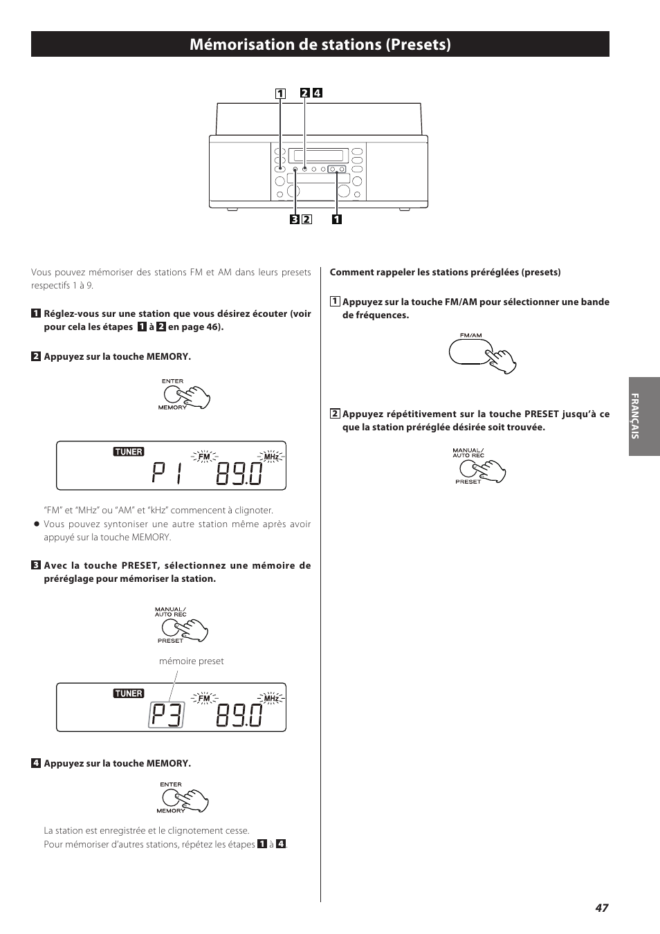 Mémorisation de stations (presets) | Teac CD recorder with turntable/cassette player LP-R550USB User Manual | Page 47 / 100