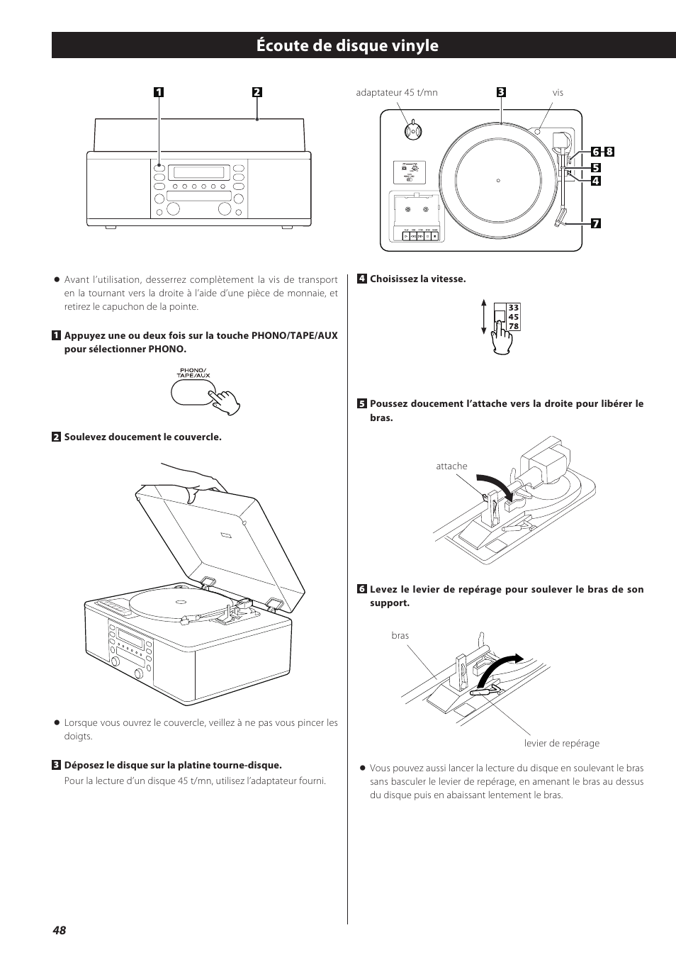 Écoute de disque vinyle | Teac CD recorder with turntable/cassette player LP-R550USB User Manual | Page 48 / 100