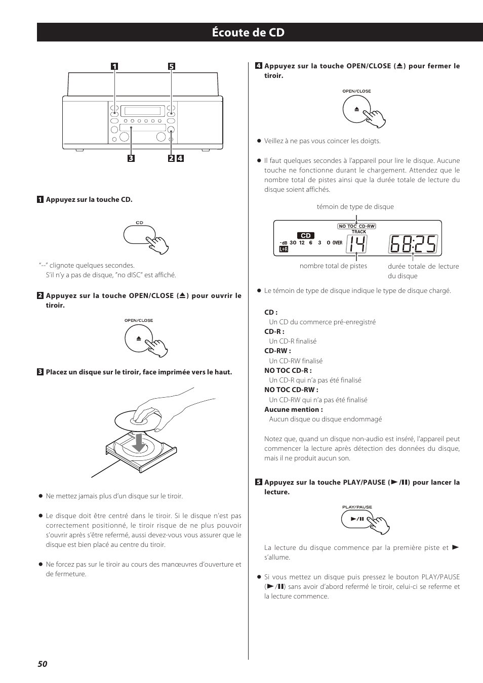 Écoute de cd | Teac CD recorder with turntable/cassette player LP-R550USB User Manual | Page 50 / 100