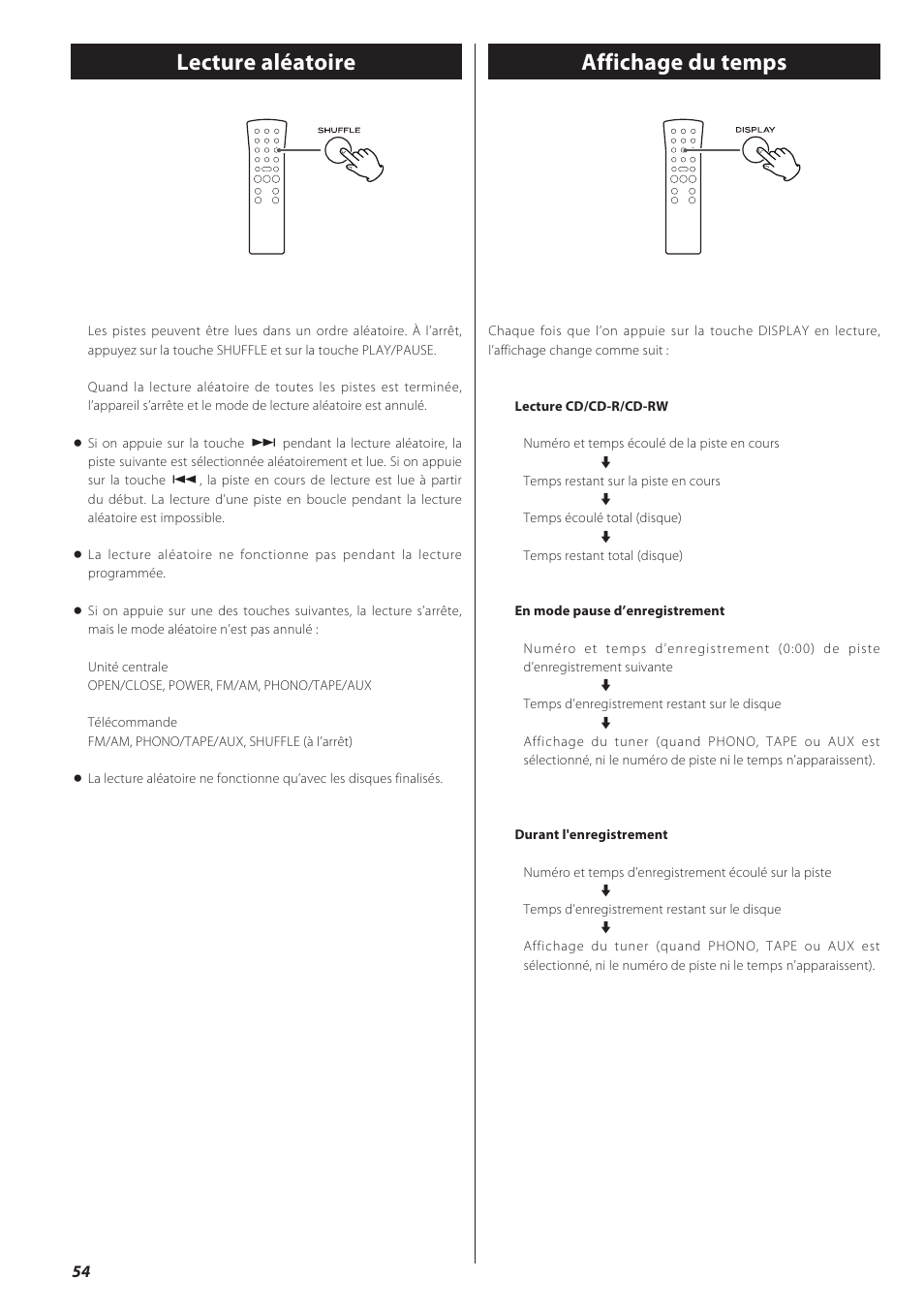 Lecture aléatoire, Affichage du temps, Affichage du temps lecture aléatoire | Teac CD recorder with turntable/cassette player LP-R550USB User Manual | Page 54 / 100