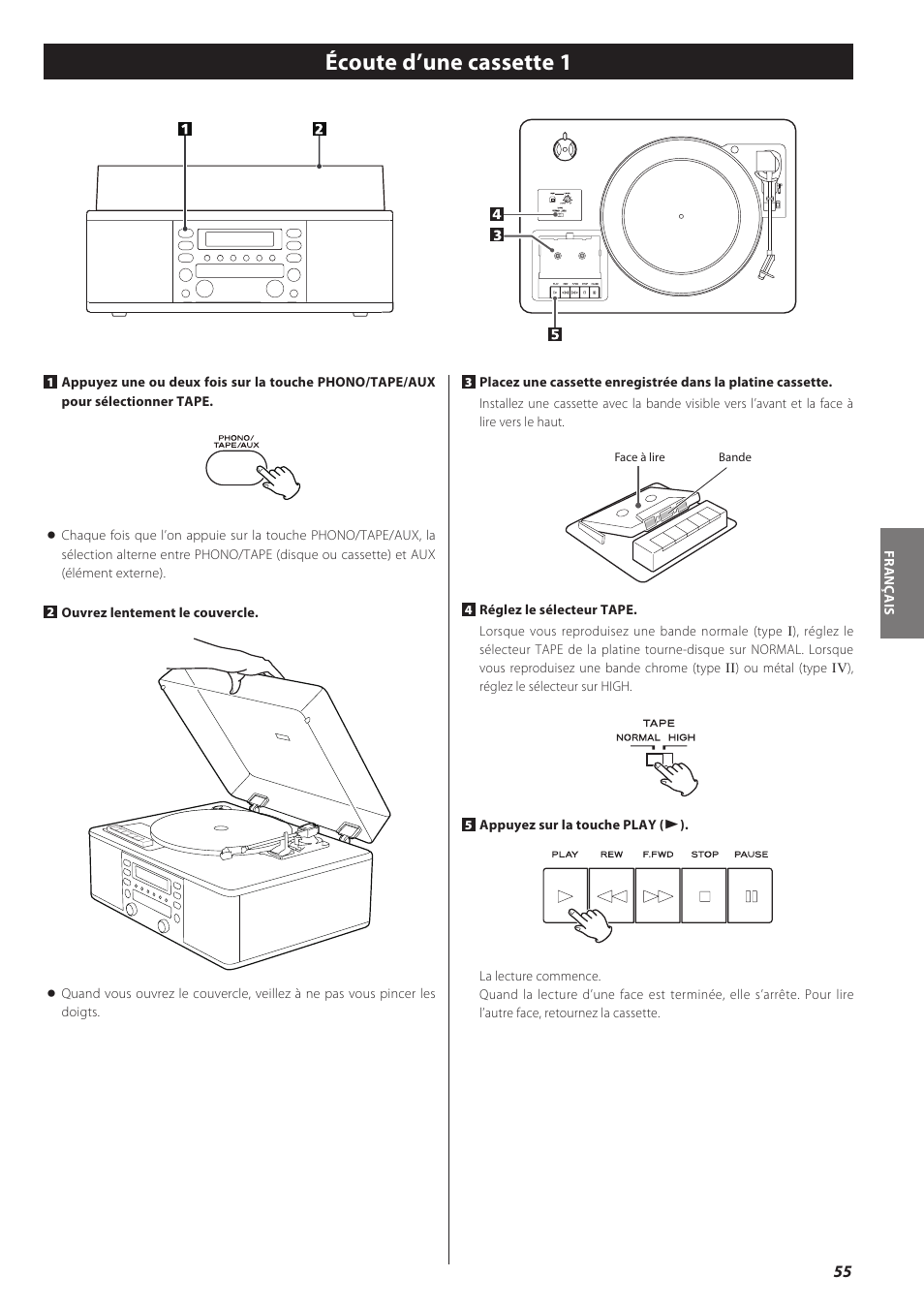 Écoute d’une cassette 1 | Teac CD recorder with turntable/cassette player LP-R550USB User Manual | Page 55 / 100