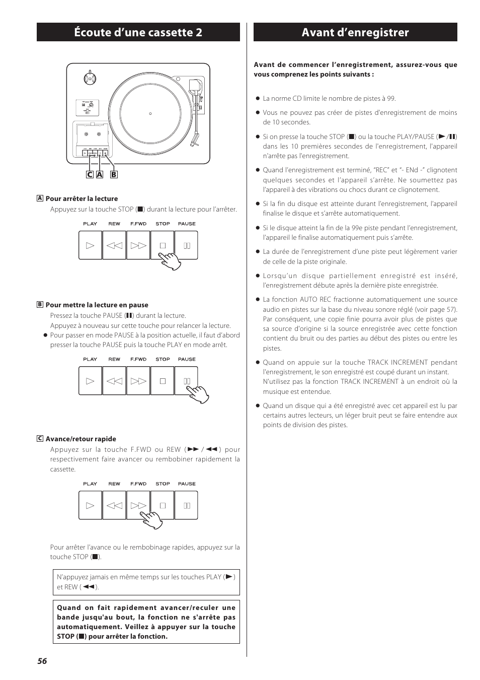 Avant d’enregistrer, Écoute d’une cassette 2 | Teac CD recorder with turntable/cassette player LP-R550USB User Manual | Page 56 / 100