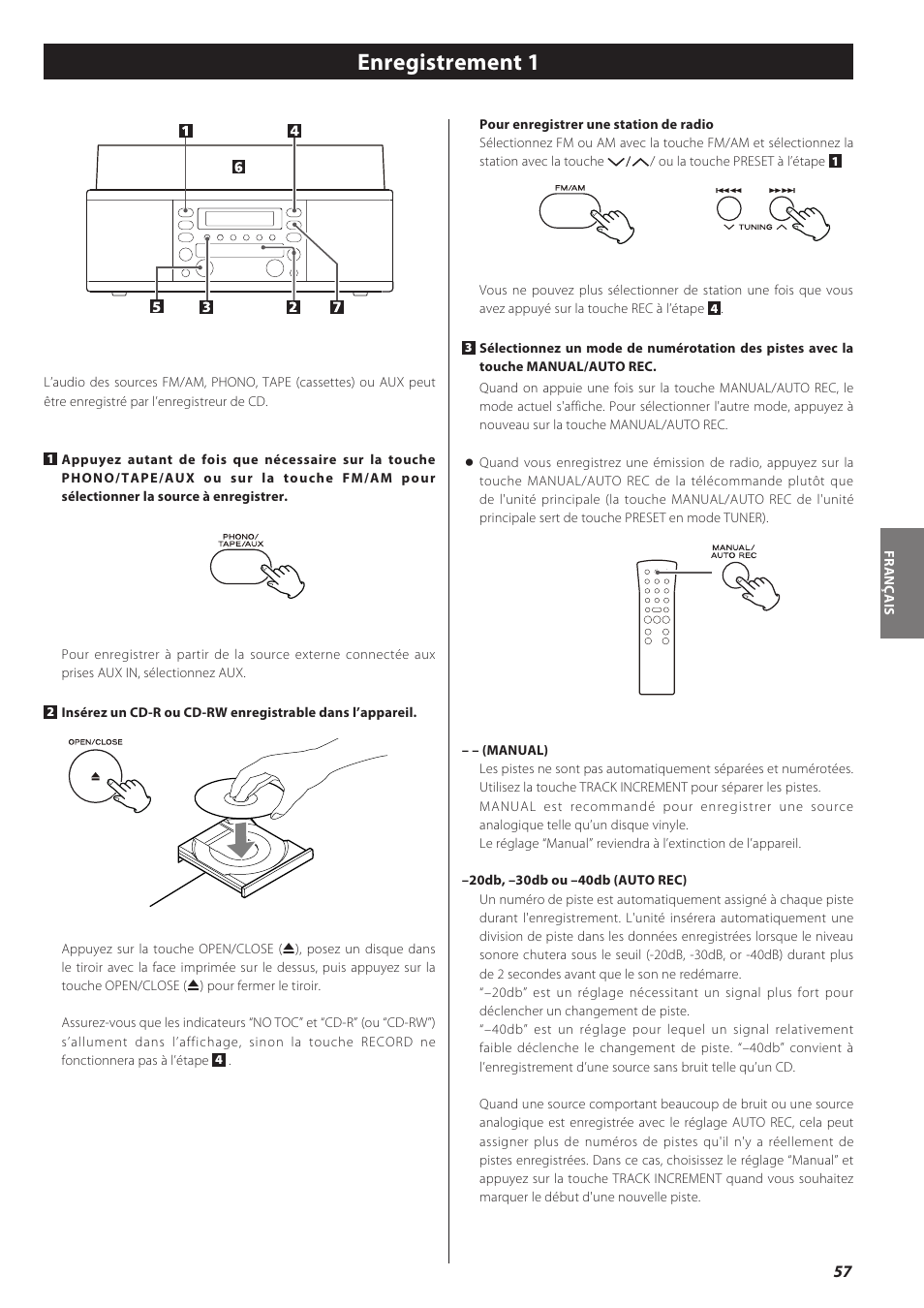 Enregistrement 1 | Teac CD recorder with turntable/cassette player LP-R550USB User Manual | Page 57 / 100