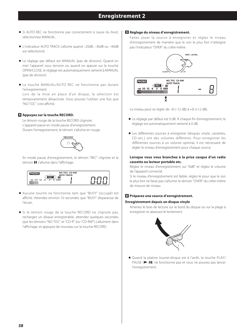 Enregistrement 2 | Teac CD recorder with turntable/cassette player LP-R550USB User Manual | Page 58 / 100