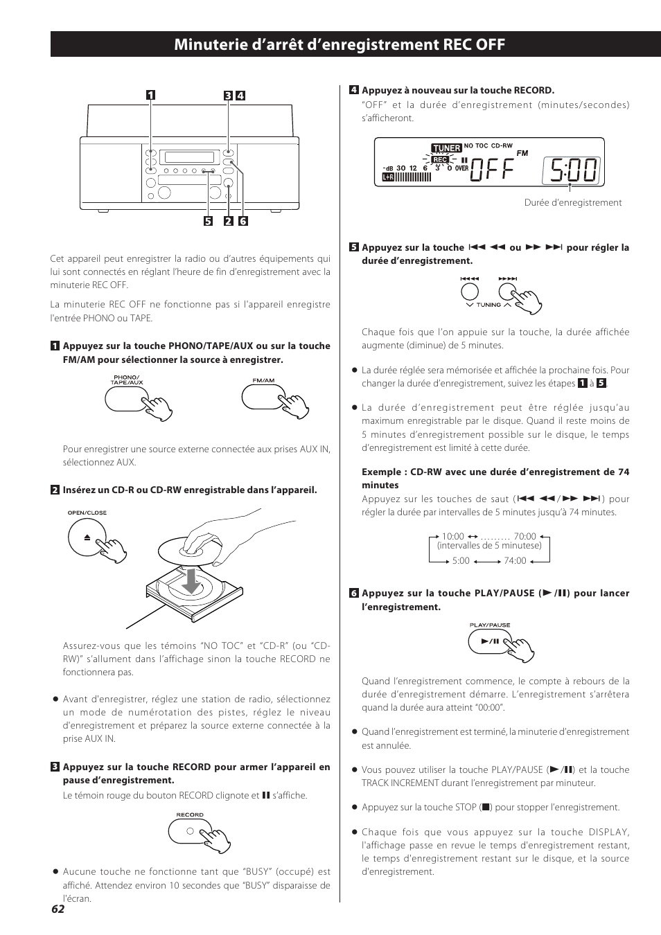 Minuterie d’arrêt d’enregistrement rec off | Teac CD recorder with turntable/cassette player LP-R550USB User Manual | Page 62 / 100