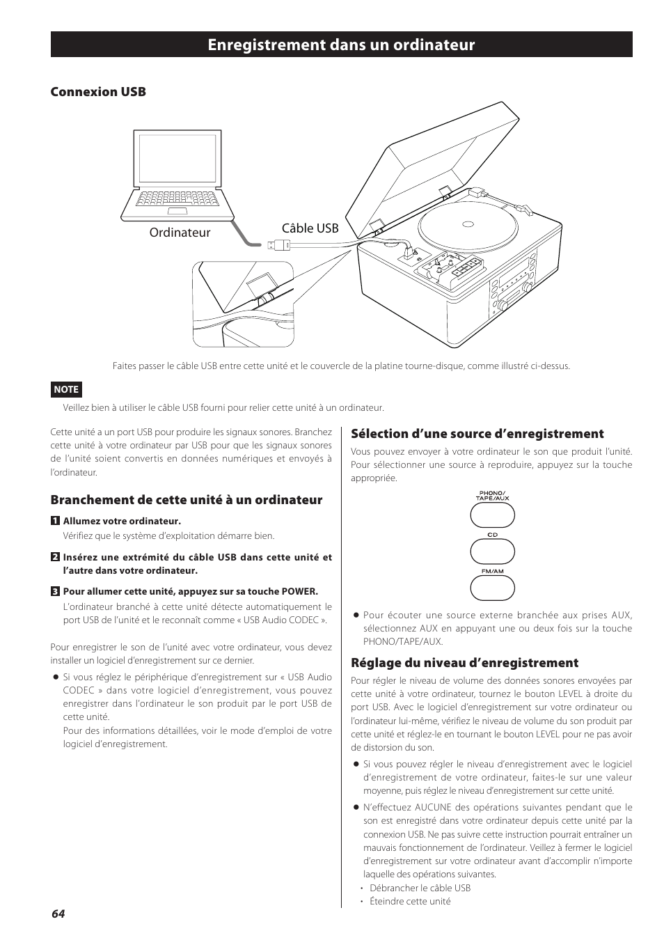 Enregistrement dans un ordinateur, Connexion usb câble usb ordinateur, Branchement de cette unité à un ordinateur | Sélection d’une source d’enregistrement, Réglage du niveau d’enregistrement | Teac CD recorder with turntable/cassette player LP-R550USB User Manual | Page 64 / 100