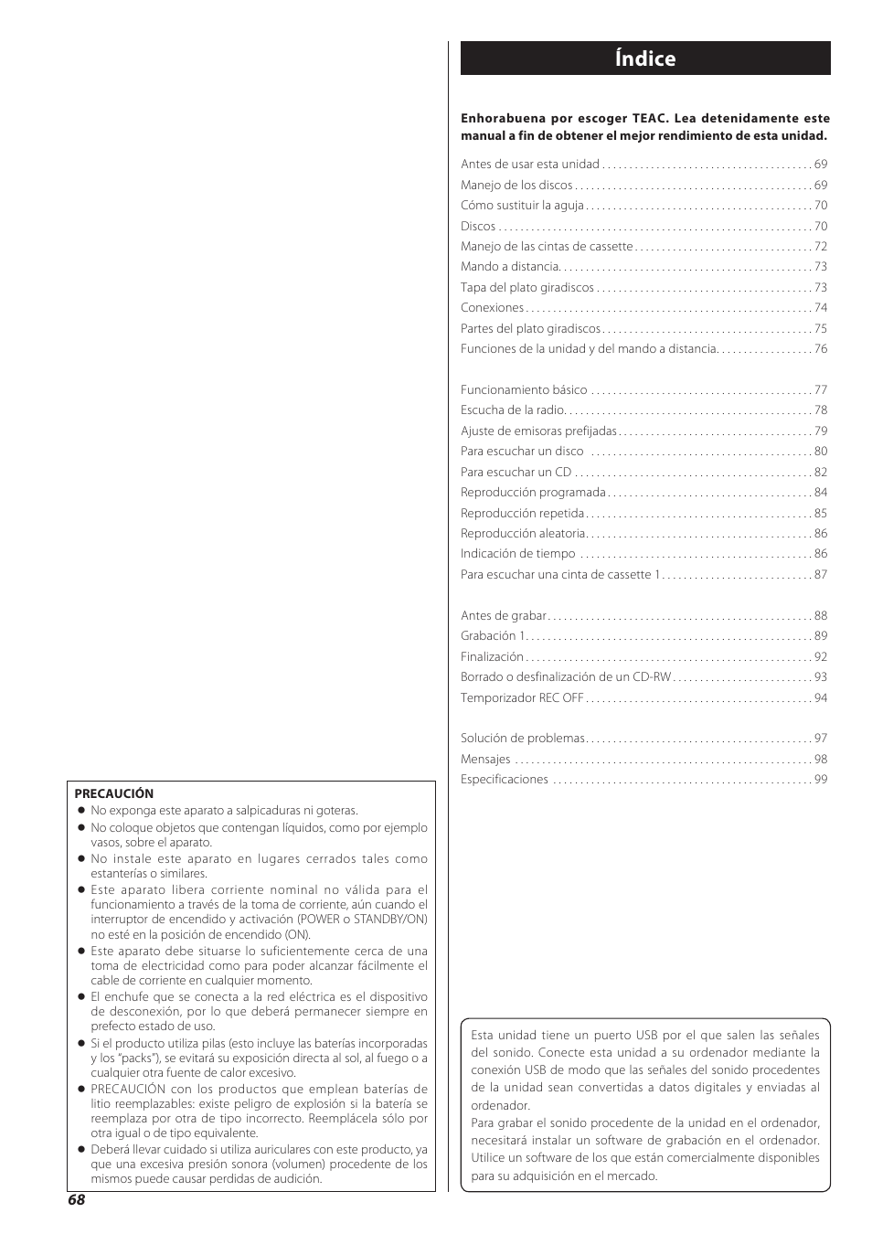 Español, Índice | Teac CD recorder with turntable/cassette player LP-R550USB User Manual | Page 68 / 100