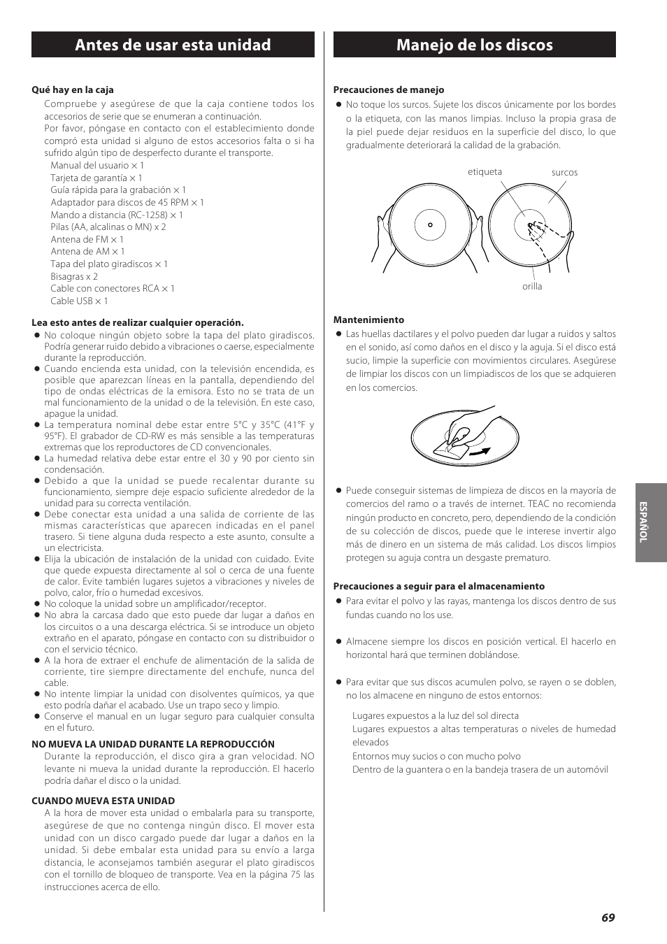 Antes de usar esta unidad, Manejo de los discos | Teac CD recorder with turntable/cassette player LP-R550USB User Manual | Page 69 / 100