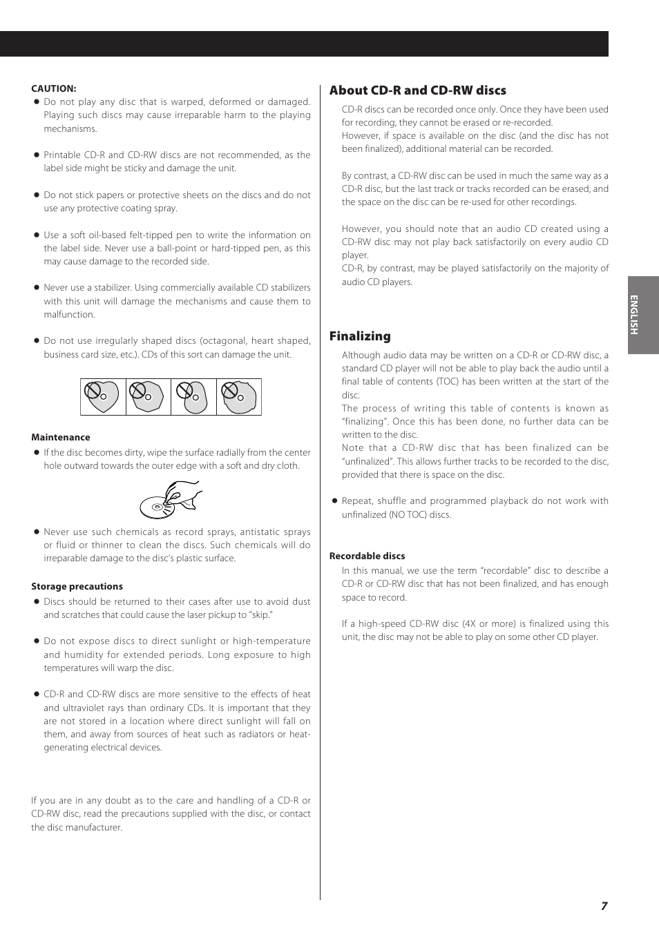 About cd-r and cd-rw discs, Finalizing | Teac CD recorder with turntable/cassette player LP-R550USB User Manual | Page 7 / 100