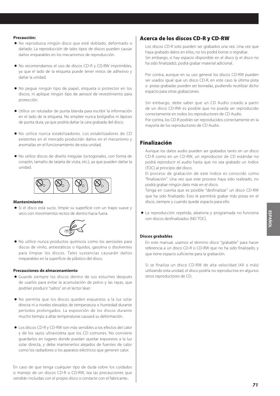 Acerca de los discos cd-r y cd-rw, Finalización | Teac CD recorder with turntable/cassette player LP-R550USB User Manual | Page 71 / 100