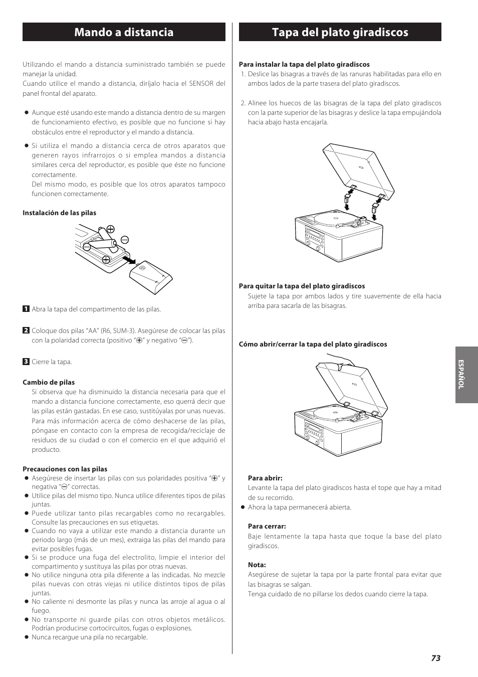 Mando a distancia, Tapa del plato giradiscos | Teac CD recorder with turntable/cassette player LP-R550USB User Manual | Page 73 / 100