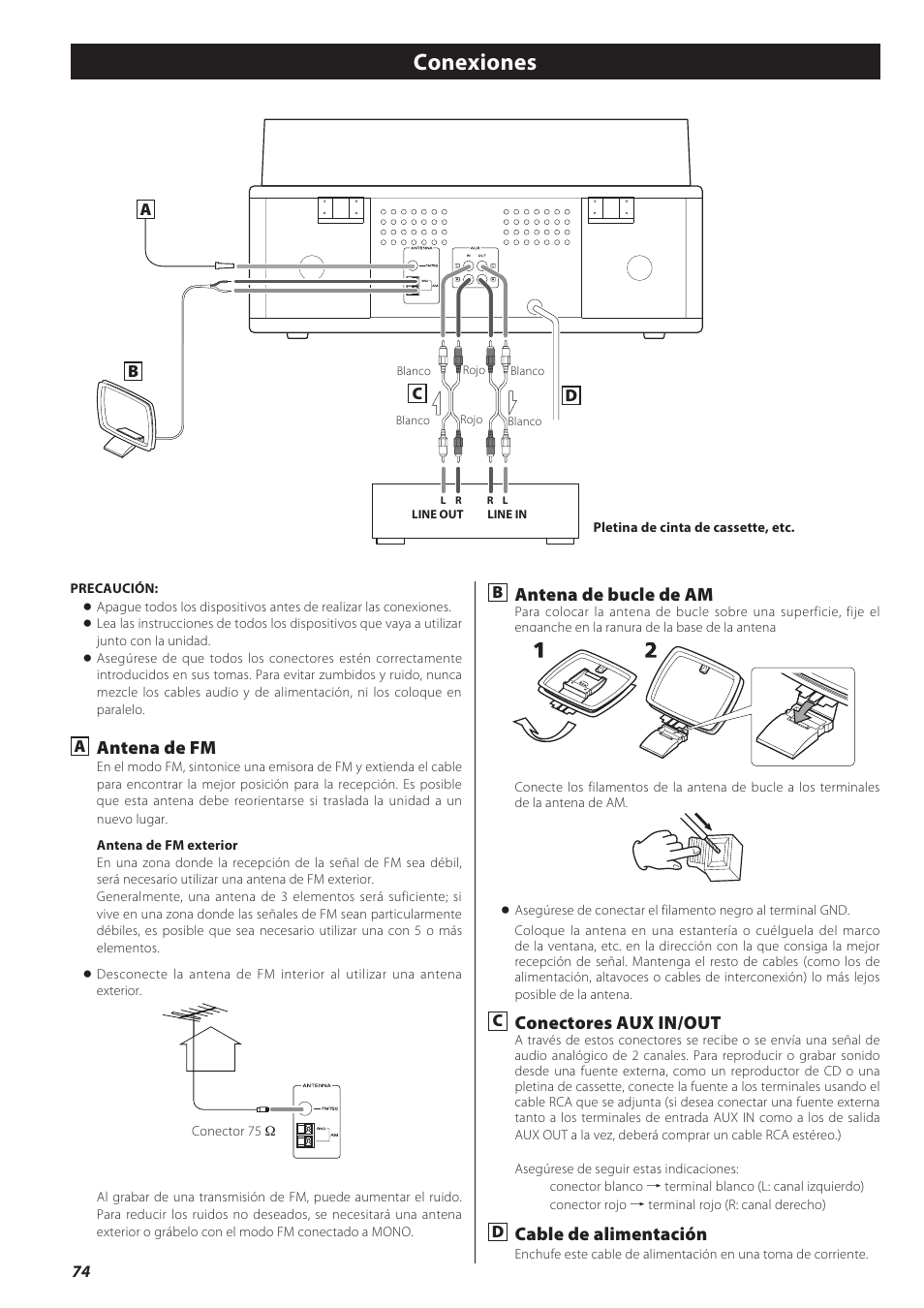 Conexiones, Antena de fm, Antena de bucle de am | Conectores aux in/out, Cable de alimentación | Teac CD recorder with turntable/cassette player LP-R550USB User Manual | Page 74 / 100