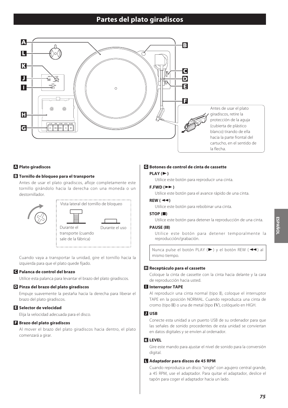 Partes del plato giradiscos, Jl k | Teac CD recorder with turntable/cassette player LP-R550USB User Manual | Page 75 / 100