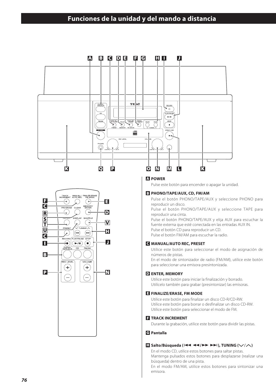 Funciones de la unidad y del mando a distancia | Teac CD recorder with turntable/cassette player LP-R550USB User Manual | Page 76 / 100