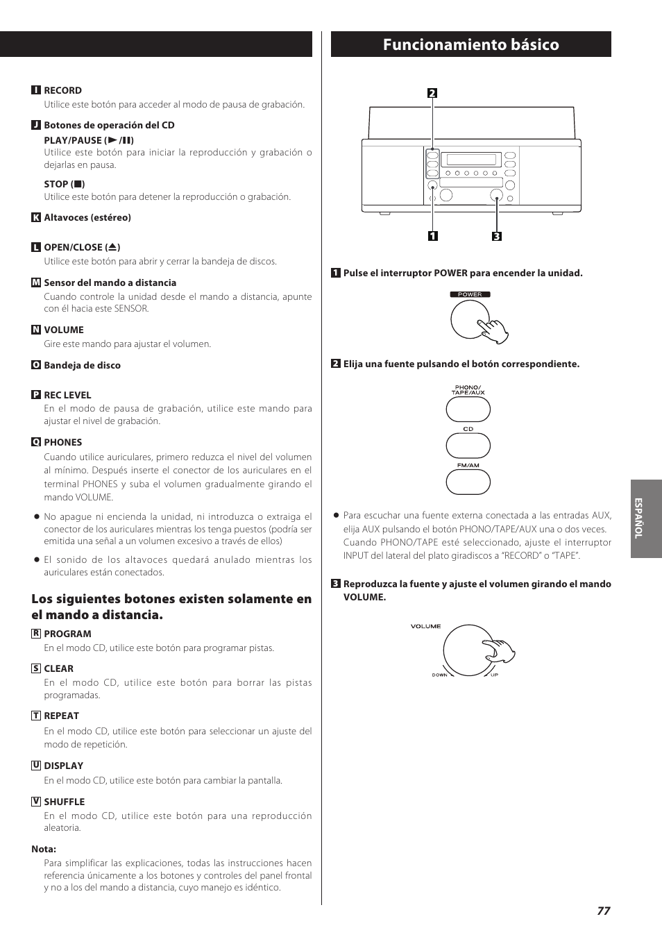 Funcionamiento básico | Teac CD recorder with turntable/cassette player LP-R550USB User Manual | Page 77 / 100