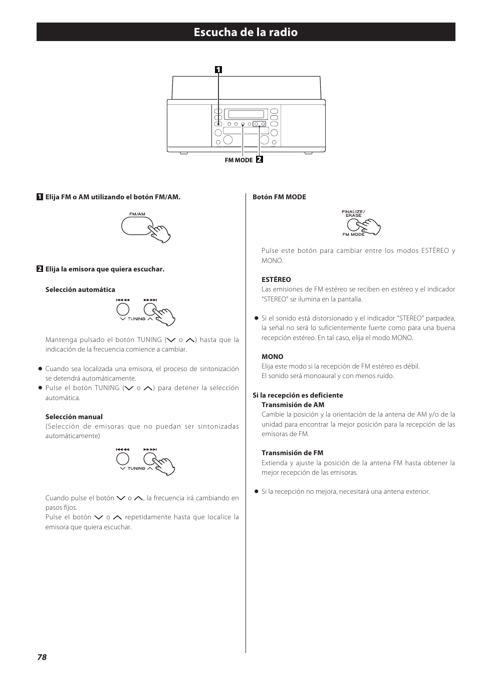 Escucha de la radio | Teac CD recorder with turntable/cassette player LP-R550USB User Manual | Page 78 / 100