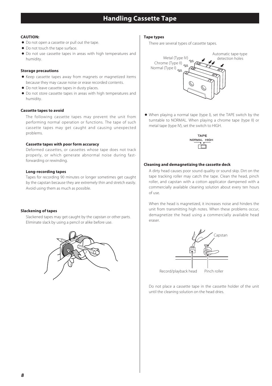 Handling cassette tape | Teac CD recorder with turntable/cassette player LP-R550USB User Manual | Page 8 / 100