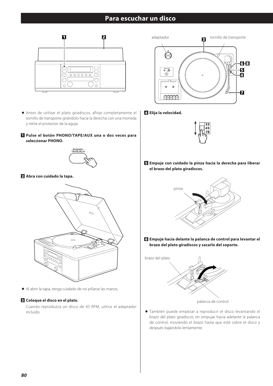 Para escuchar un disco | Teac CD recorder with turntable/cassette player LP-R550USB User Manual | Page 80 / 100