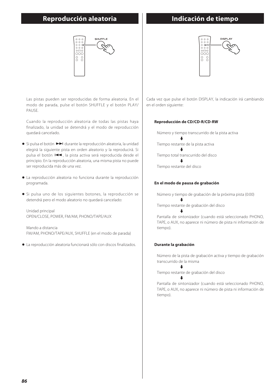 Reproducción aleatoria, Indicación de tiempo, Indicación de tiempo reproducción aleatoria | Teac CD recorder with turntable/cassette player LP-R550USB User Manual | Page 86 / 100