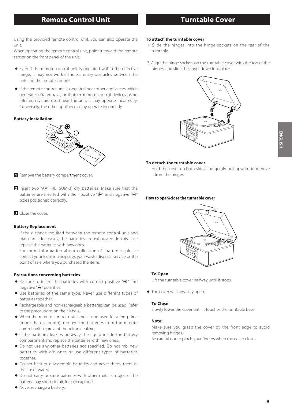 Remote control unit, Turntable cover | Teac CD recorder with turntable/cassette player LP-R550USB User Manual | Page 9 / 100