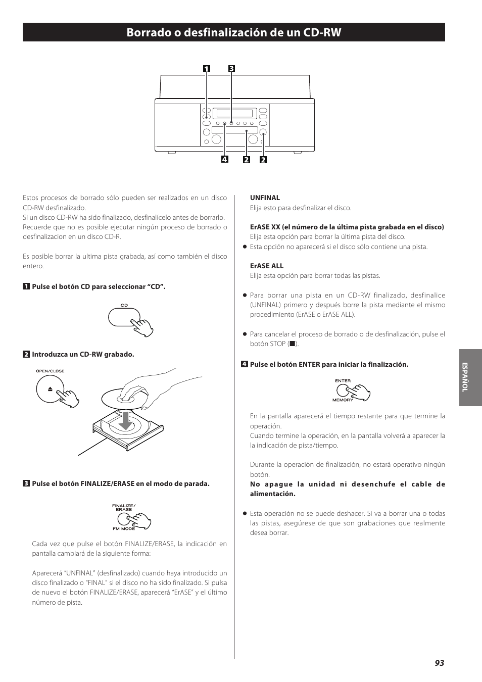 Borrado o desfinalización de un cd-rw | Teac CD recorder with turntable/cassette player LP-R550USB User Manual | Page 93 / 100