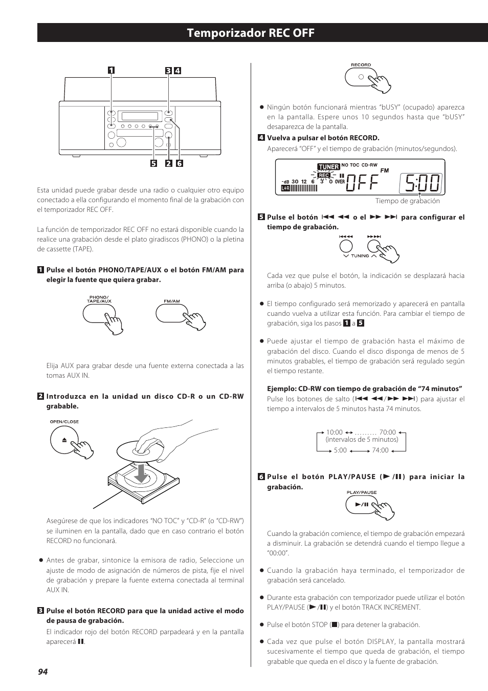 Temporizador rec off | Teac CD recorder with turntable/cassette player LP-R550USB User Manual | Page 94 / 100