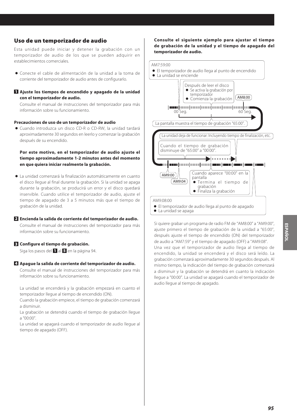 Uso de un temporizador de audio | Teac CD recorder with turntable/cassette player LP-R550USB User Manual | Page 95 / 100