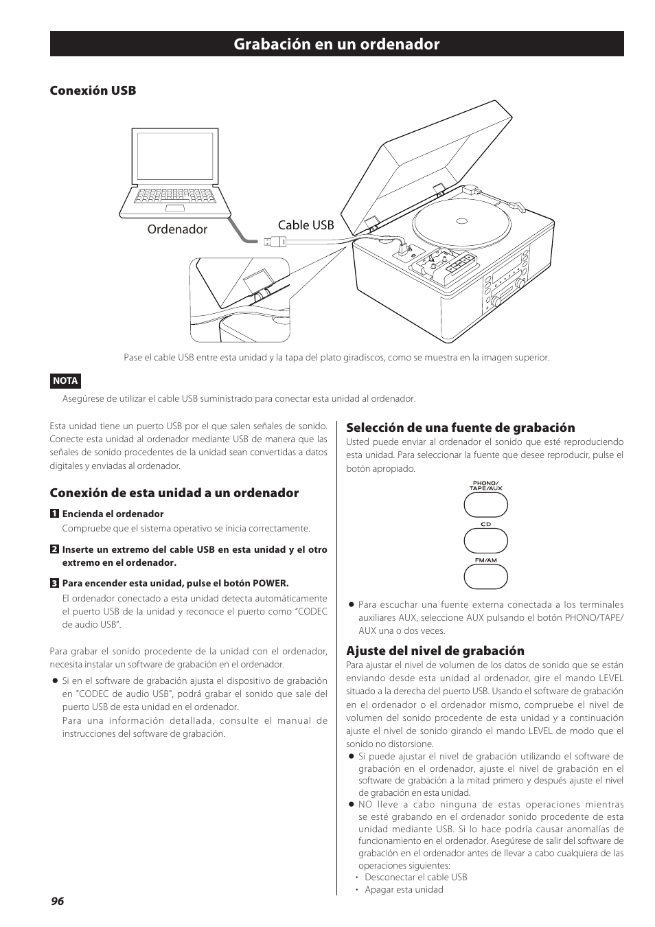 Grabación en un ordenador, Conexión usb cable usb ordenador, Conexión de esta unidad a un ordenador | Selección de una fuente de grabación, Ajuste del nivel de grabación | Teac CD recorder with turntable/cassette player LP-R550USB User Manual | Page 96 / 100